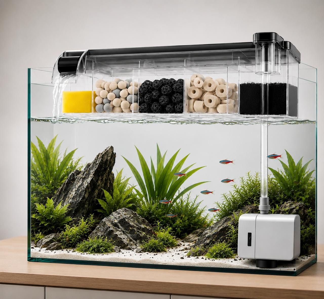 rizopets Multi Section bio top Filter watt 6-3-Chamber Aquarium Filter System with Mechanical, Chemical and Biological Filtra