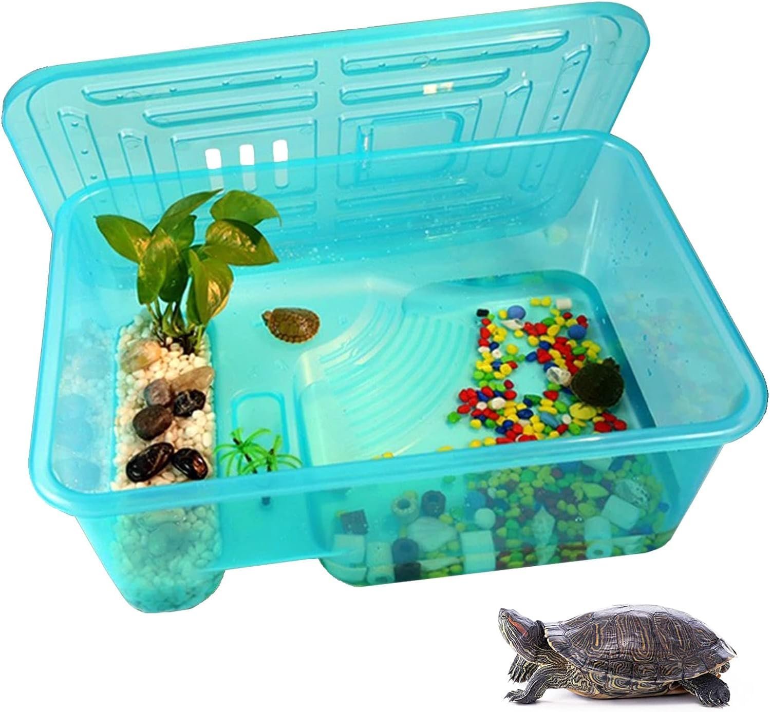 Rizopets Turtle Aquarium Tank with Lid, Multifunctional Reptile Breeding Box with Terrapin Lake, Hibernation, Swimming, Baski