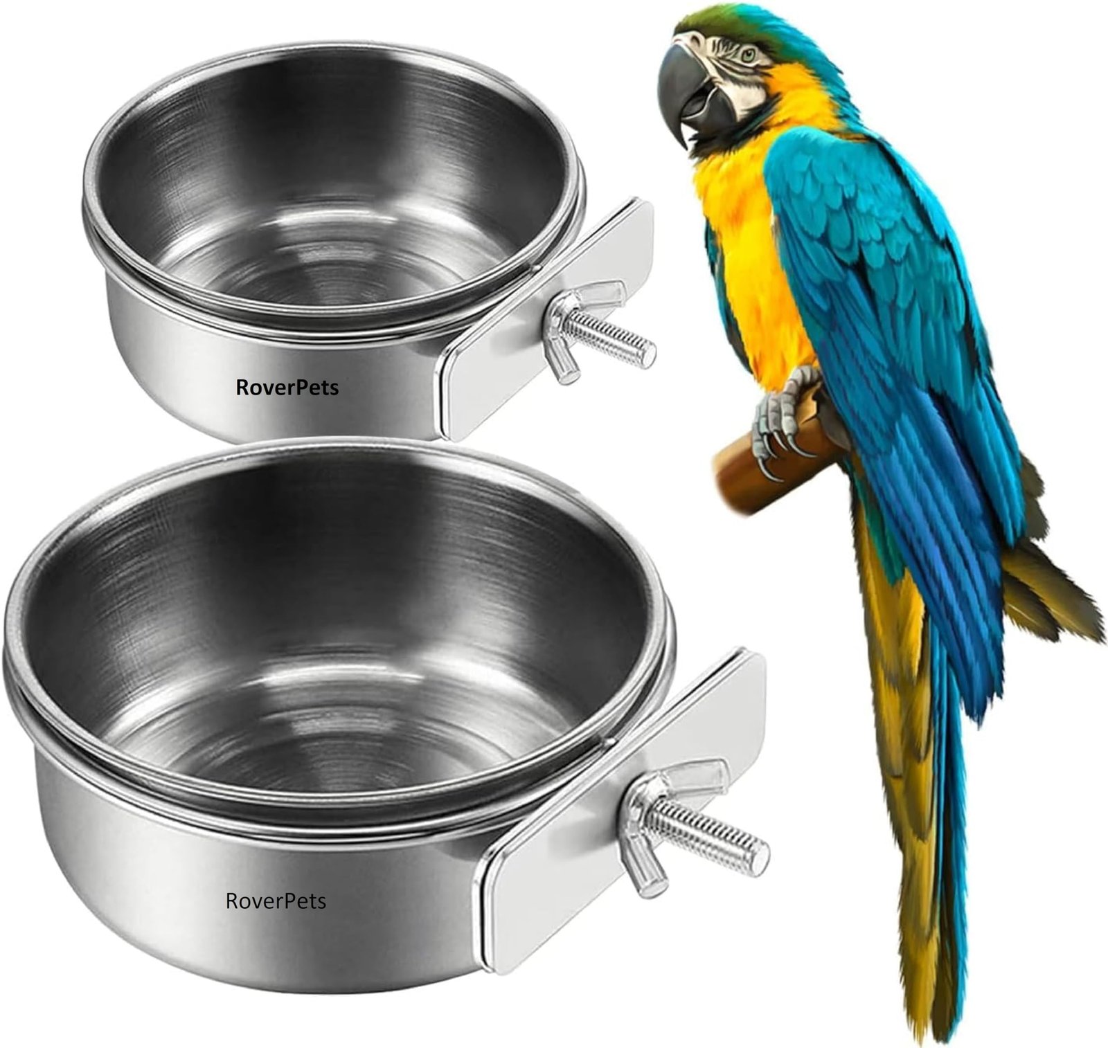 RoverPets 2Pcs Stainless Steel Bird Feeding Bowls, Feeding Cup, Stainless Steel Parrot Food Bowl Cage with Holder, Parrot Wat