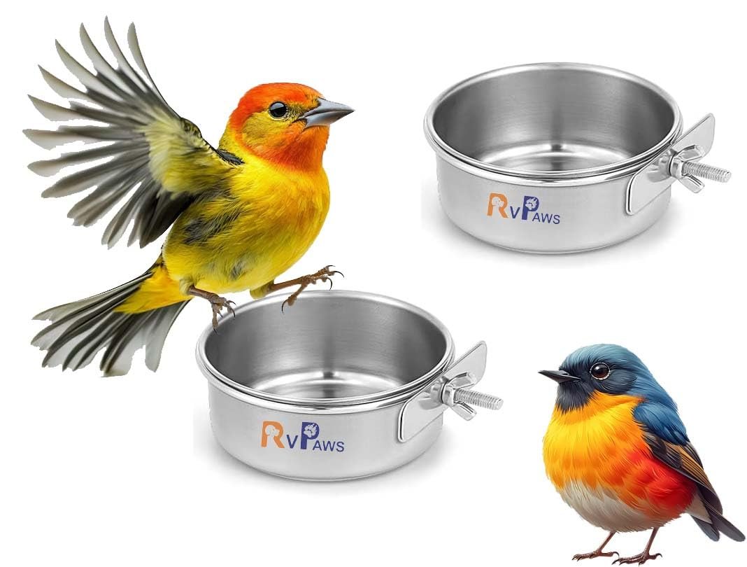 RvPaws Bird Feeding Dish Cups Parrot Food Bowl Clamp Holder Coop Cup, Bird Cage Water Bowl for Parakeet African Greys Conure