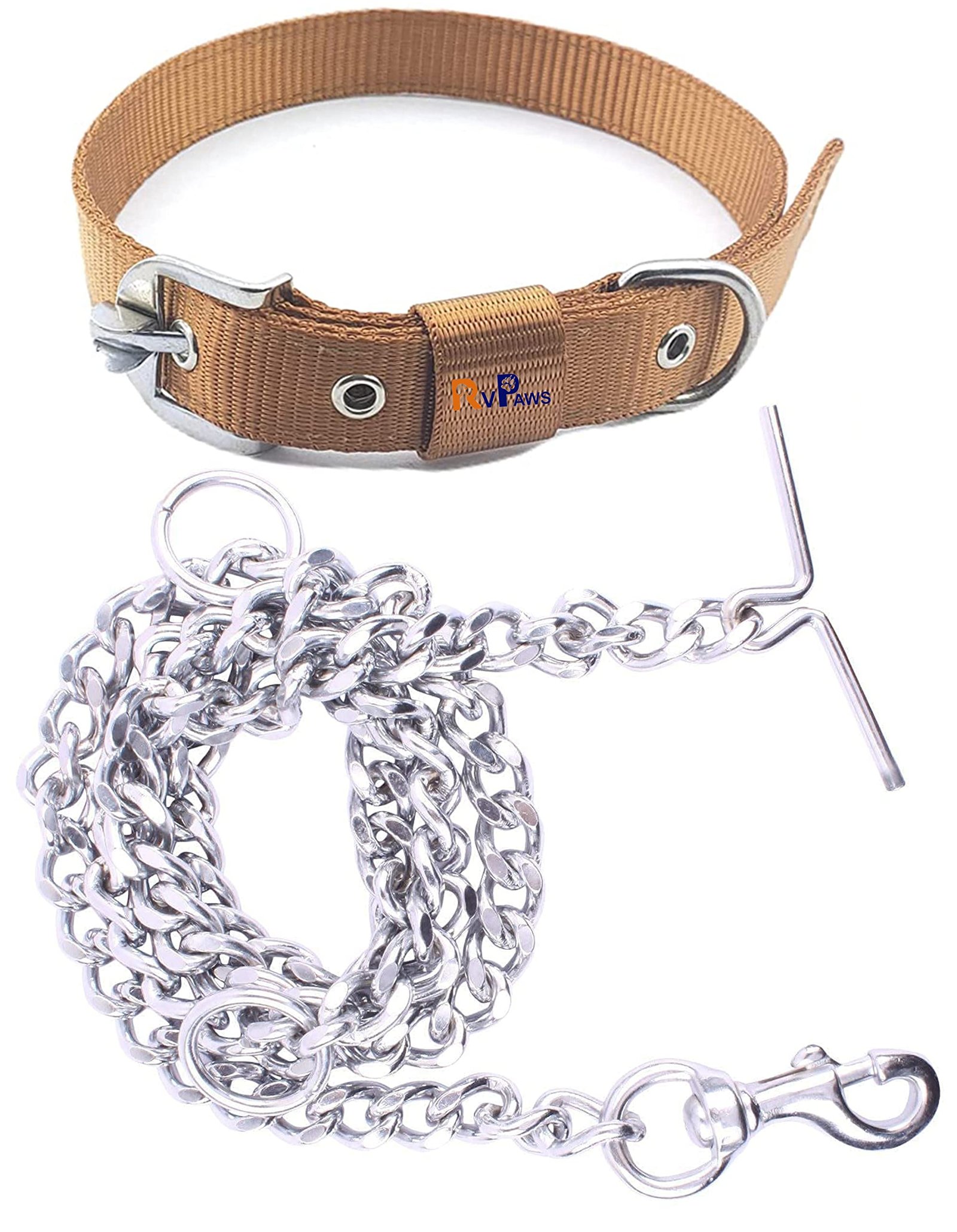 RvPaws Combo Nylon Dog Belt - 1 Inch Collar with Heavy Dog Chain 63 Inch Lengthy Dog Collar Chain Adjustable (Collar Neck Siz
