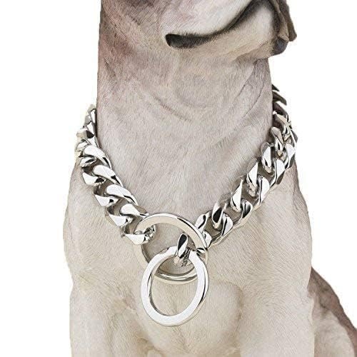 RvPaws Heavy Duty Choke Cuban Chain Dog Collar for Large Dogs - 4 mm, Strong Steel Color Metal Links for Big Breeds - Rottwei