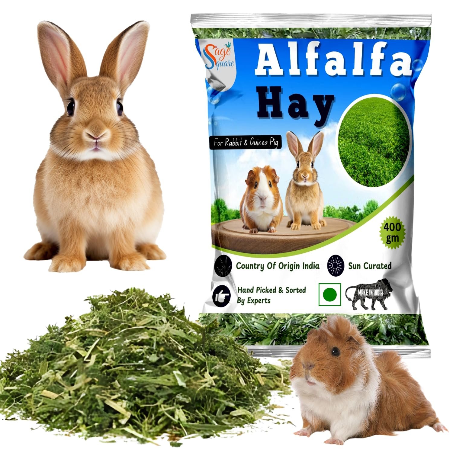 Sage Square Alfalfa Hay - Protein, Calcium-Rich Hay for Rabbits, Guinea Pigs, Hamsters & Small Animals | Supports Growth, Hea