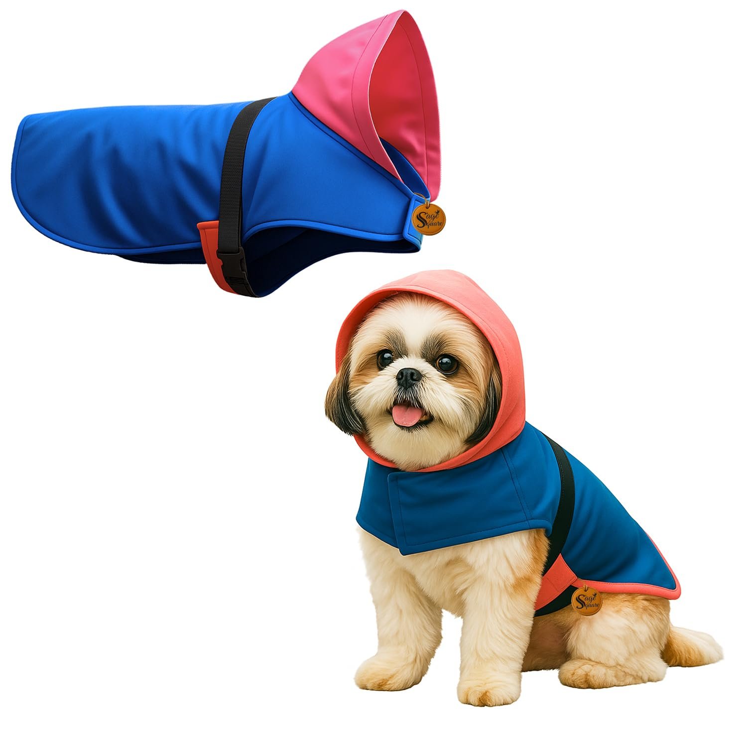 Sage Square Dog Raincoat | Waterproof Pet Jacket with Hood & Leash Hole | Lightweight & Breathable Fabric | Adjustable Strap