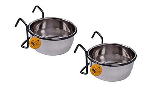 Sage Square Rustproof Stainless Steel Cage Food, Seed, Water Feeder Cum Bowl with Holder clamp for Birds (250ml) (Pack of 2)