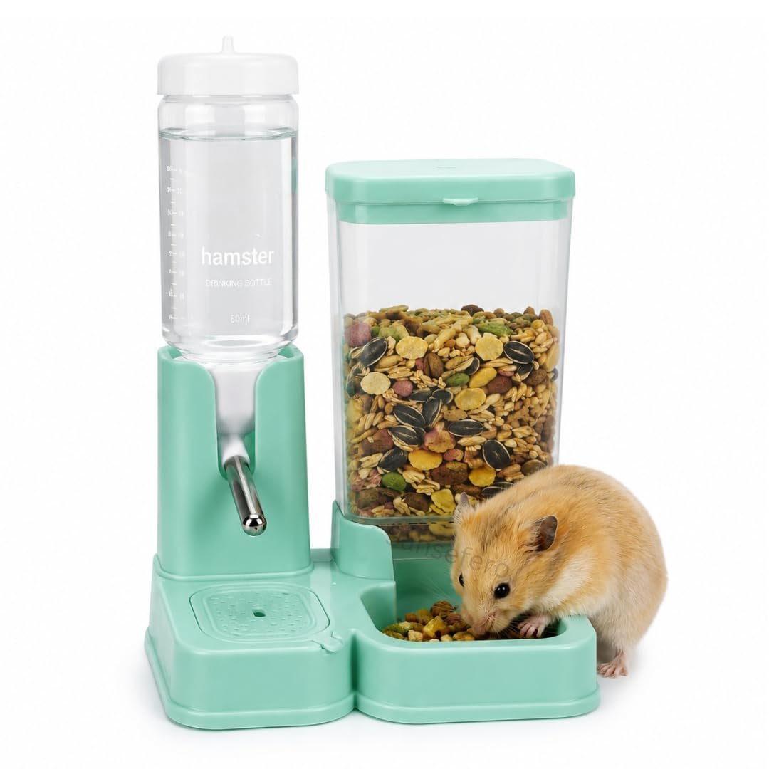SANSEFERO 2 In 1 Hamster Water Bottle & Automatic Food Feeder Bowl Freestanding Small Animals Food Container & Water Bottle (