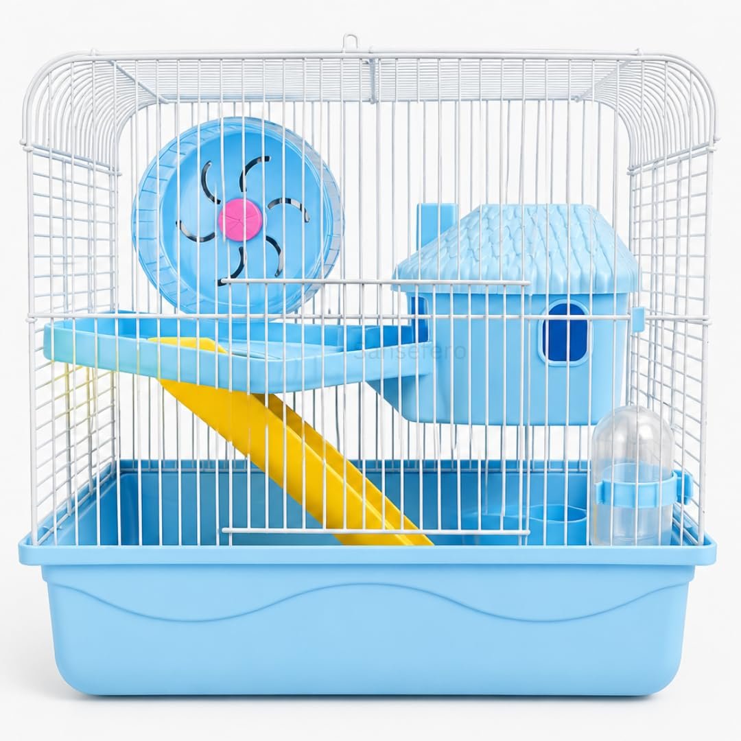 SANSEFERO 2-Tier Portable Travel Cage for Small Animals – Double Storey Dwarf Hamster Travel Carrier with Exercise Wheel, Sli