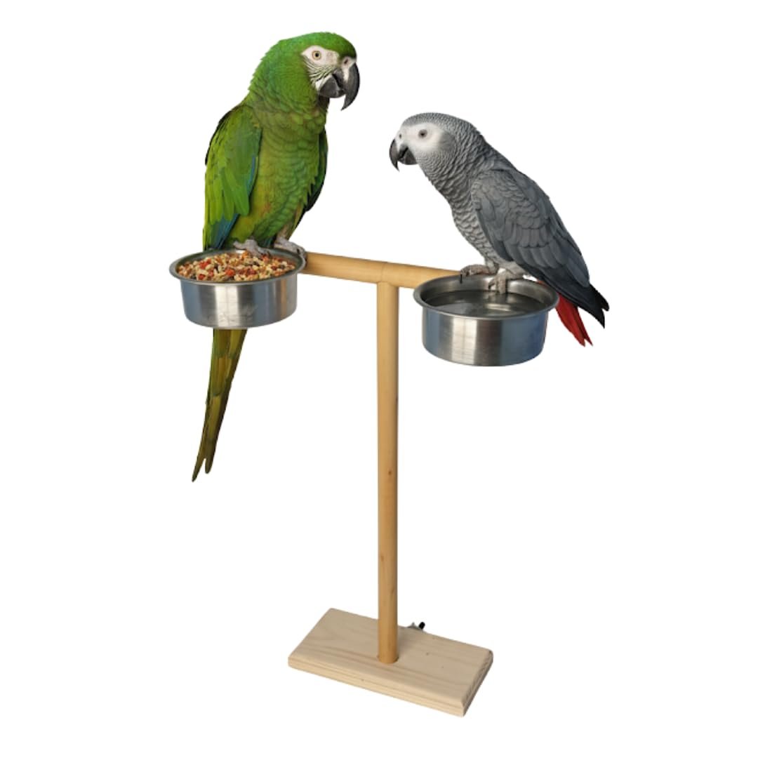 SANSEFERO Training Bird Stand Natural Wood Exercise Playful Perch with Attached Food Tray Ideal for Parrot, Cockatiel, Conure