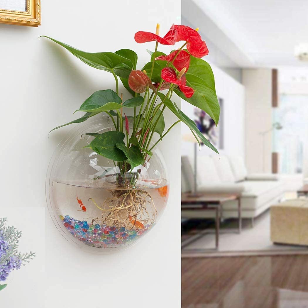 SANSEFERO® Wall Hanging Fish Bowl Acrylic (not Glass) 12 inches Medium Size with Free Stones White Colour (12 inch)