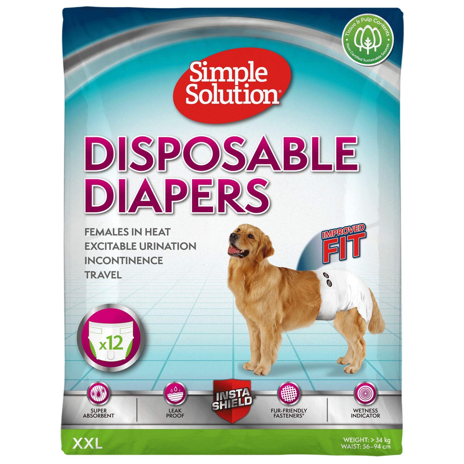Simple Solution Disposable Diapers for Dogs, Insta Shield Core, Leak-Proof, Fur-Friendly Fasteners, Ideal for Females in Heat