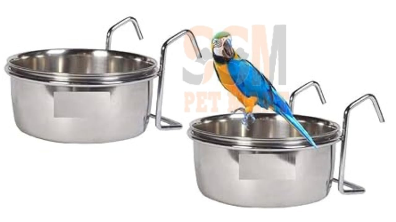 SSM PET MART Stainless Steel Bird Feeding Bowl with Hanger – 250ml Cups for Food and Water, Secure Cage Attachment for Birds,