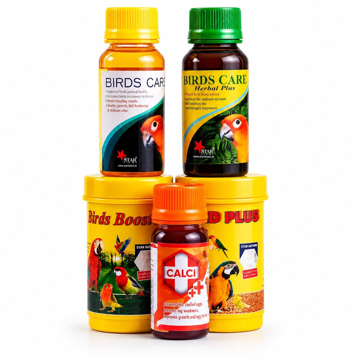 Star Farms 5-in-1 Bird Health Supplement Combo | Breed Plus 50 g, Bird Booster 50 g, Birds Care 60 ml, Herbal Plus 60 ml and