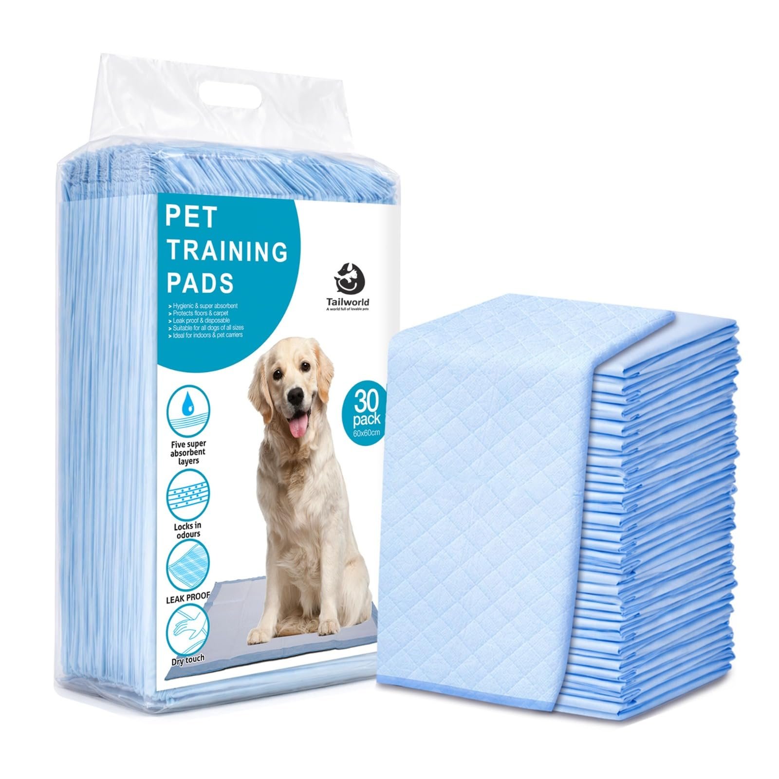 TailWorld Training Pads for Dogs, Puppies, Cats & Rabbits | 60 x 60 cm | 30 Count | Super Absorbent Pee Pads with Odor Lock T