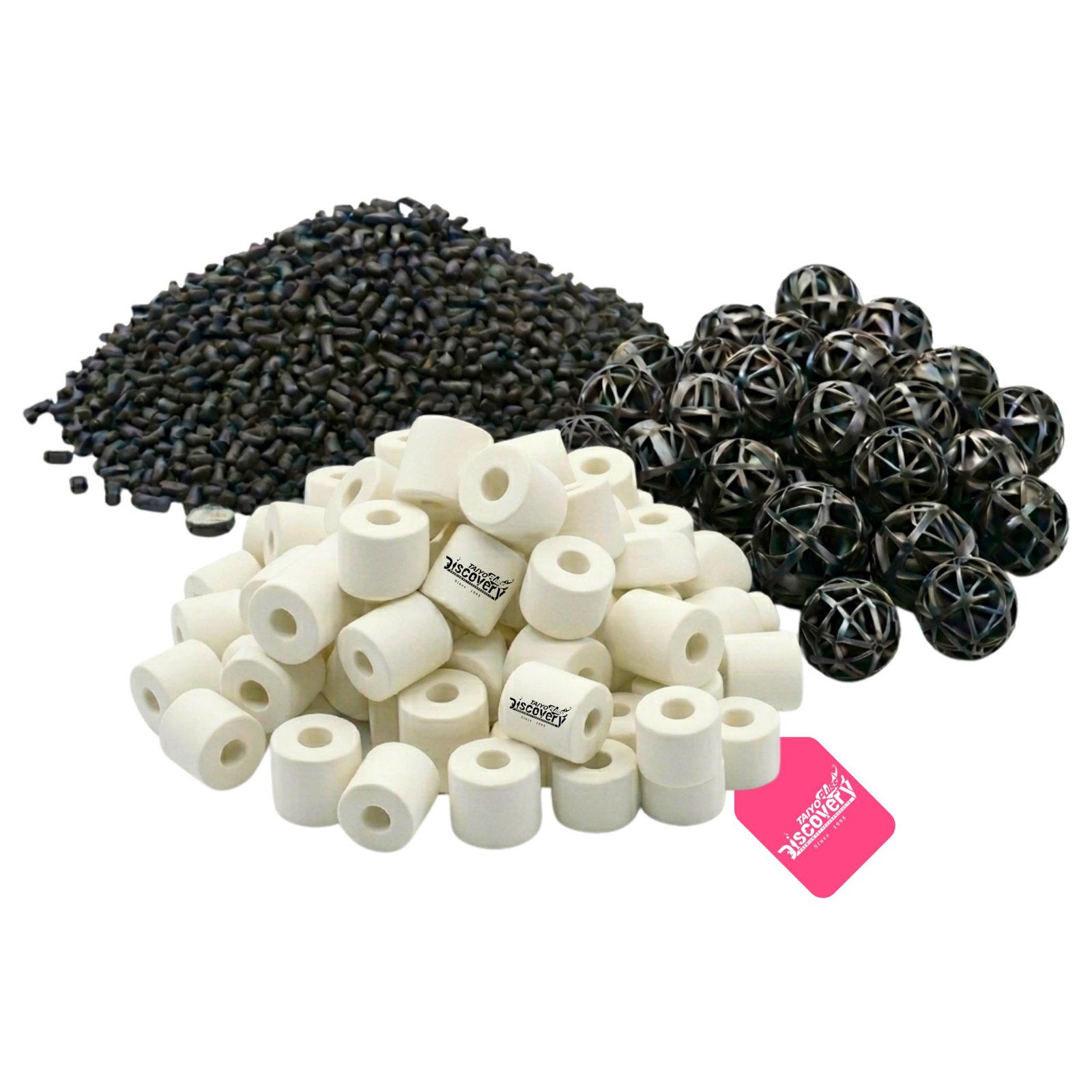 Taiyo Pluss Discovery Filter Media Combo - 150 g Ceramic Rings + 150 g Activated Carbon + 15 pcs Bio Balls + Free NET Bags |