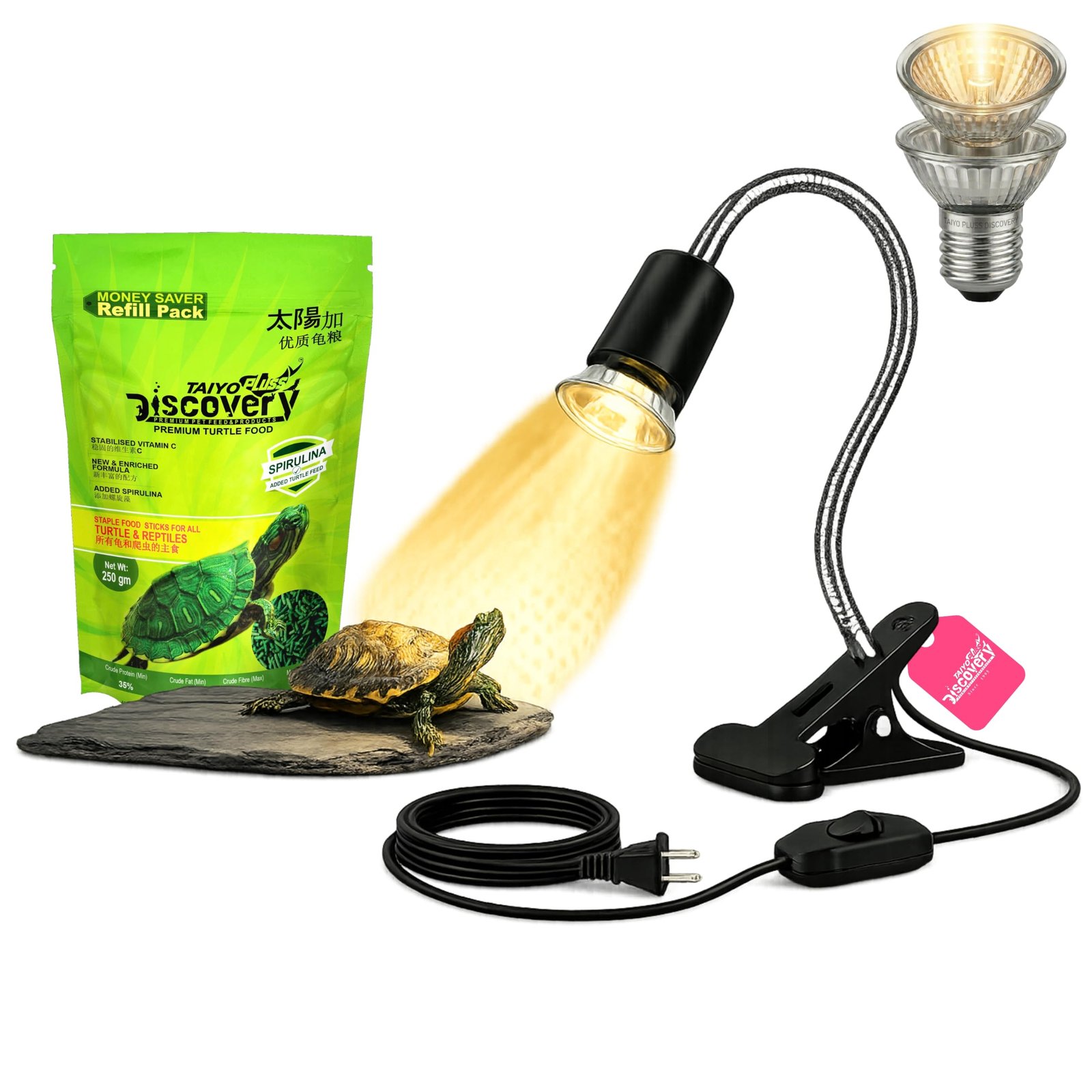 Taiyo Pluss Discovery Reptile Heat Lamp with Holder (50W Bulb) + Free Turtle Food (250 g) | UVA + UVB Turtle Basking Flexible