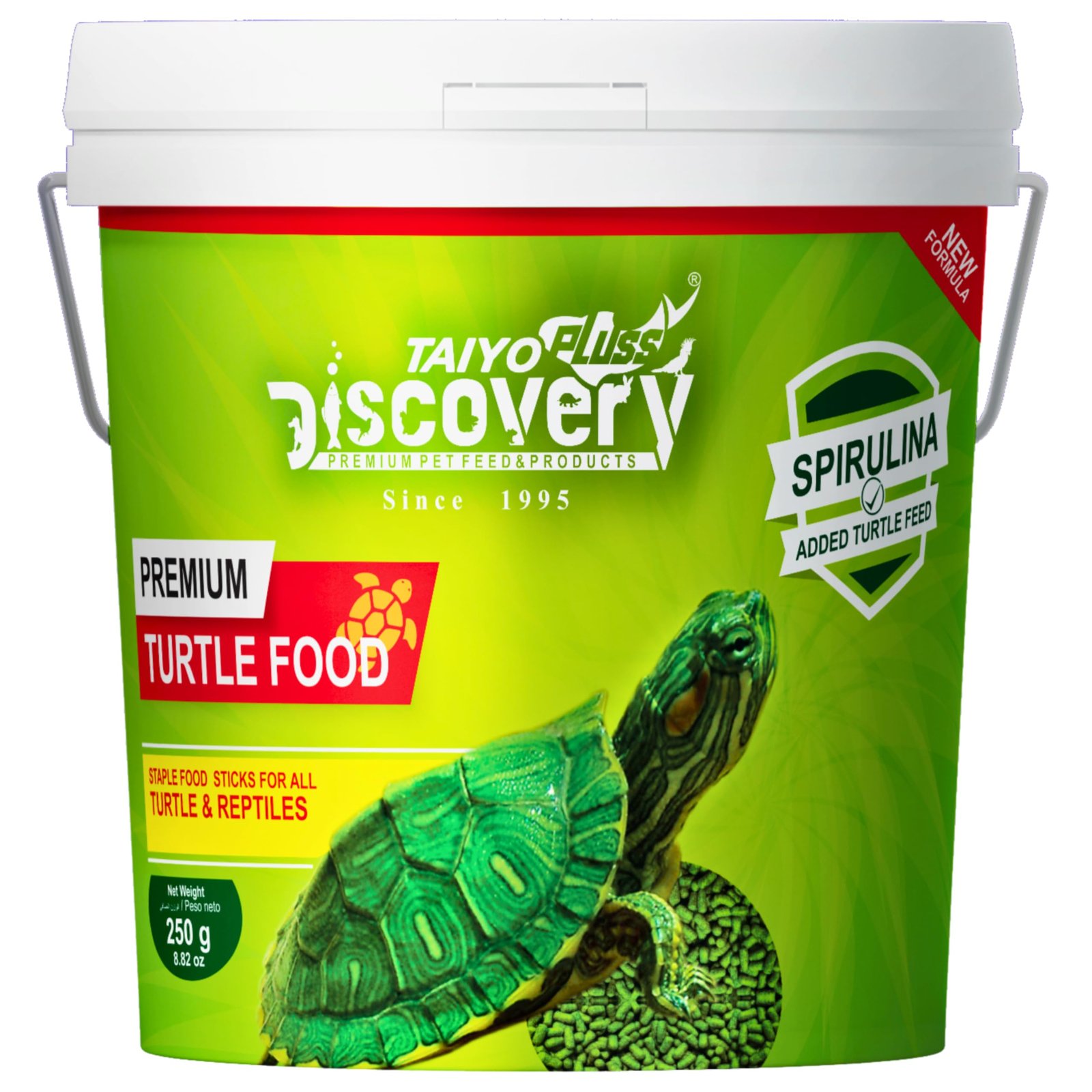 Taiyo Pluss Discovery Turtle Food - 250 g Bucket Container (Improved Formula) | Complete Daily Nutrition Sticks with Spirulin
