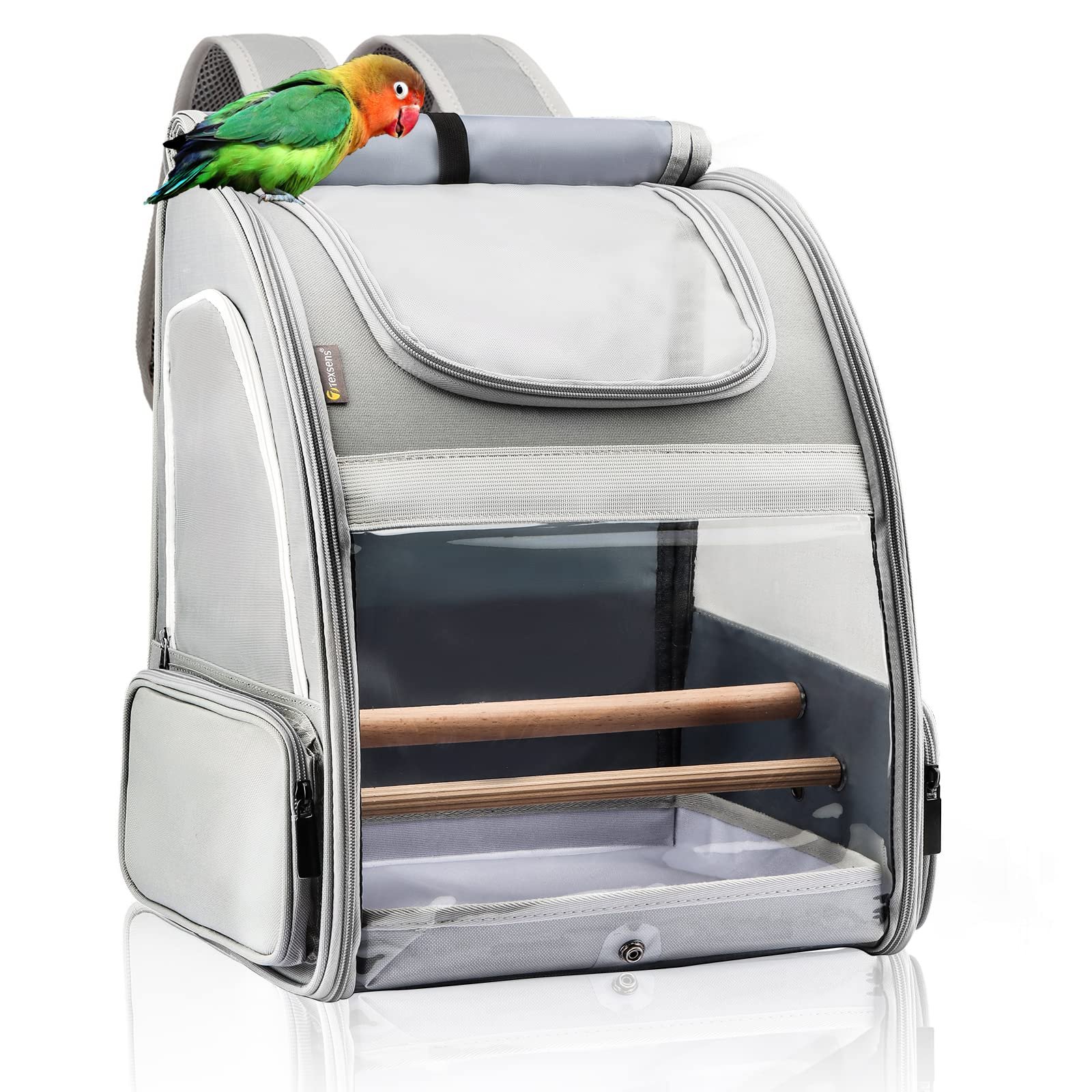 Texsens Bird Carrier Backpack - Pet Travel Cage with Upgraded Tray and Standing Perches, Breathable & Portable, for Small Bir