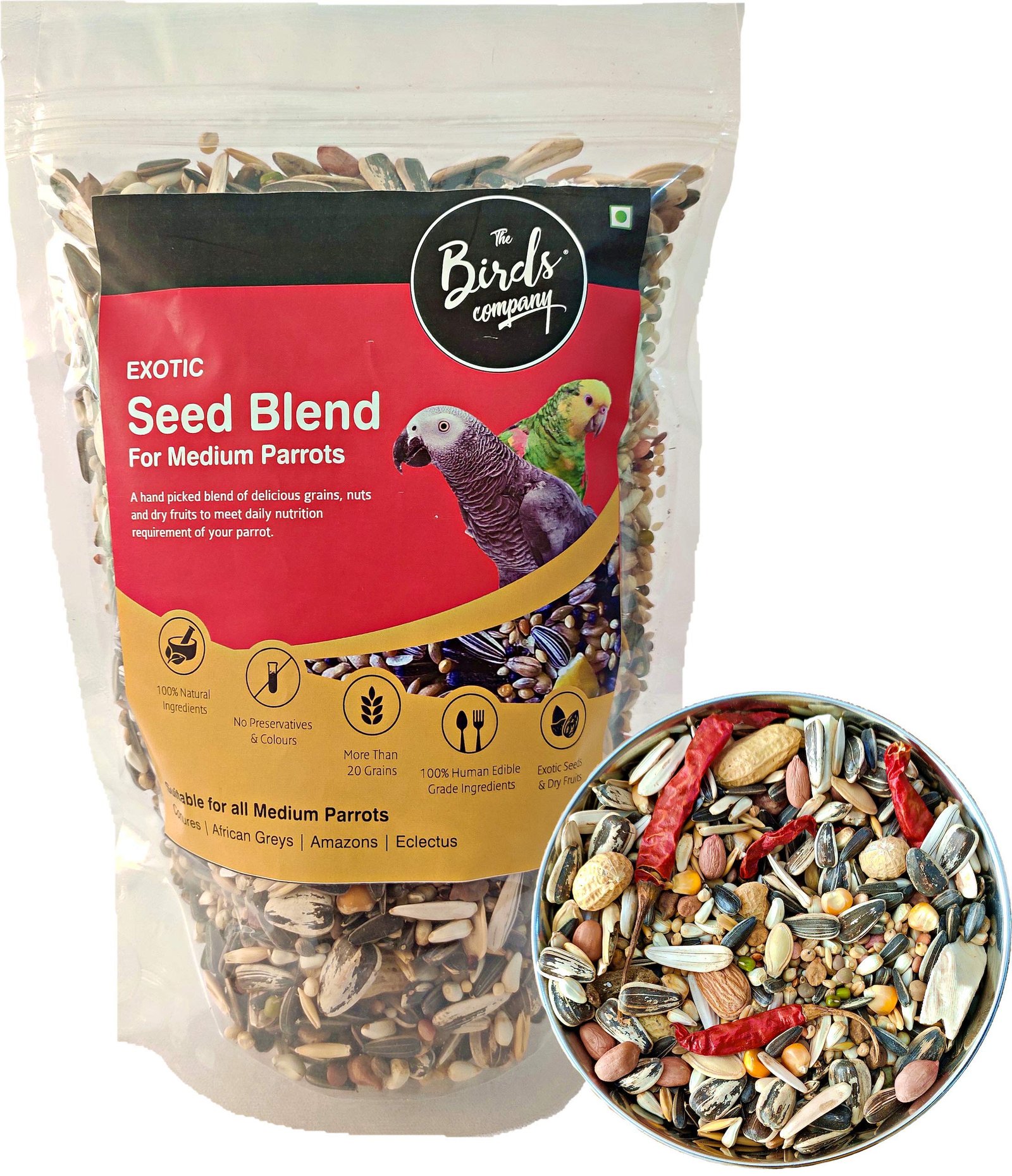The Birds Company All Life Stages Exotic Seed Blend of 20 Grains & Exotic Nuts, Fortified with Spirulina & Cuttlefish Bone, B