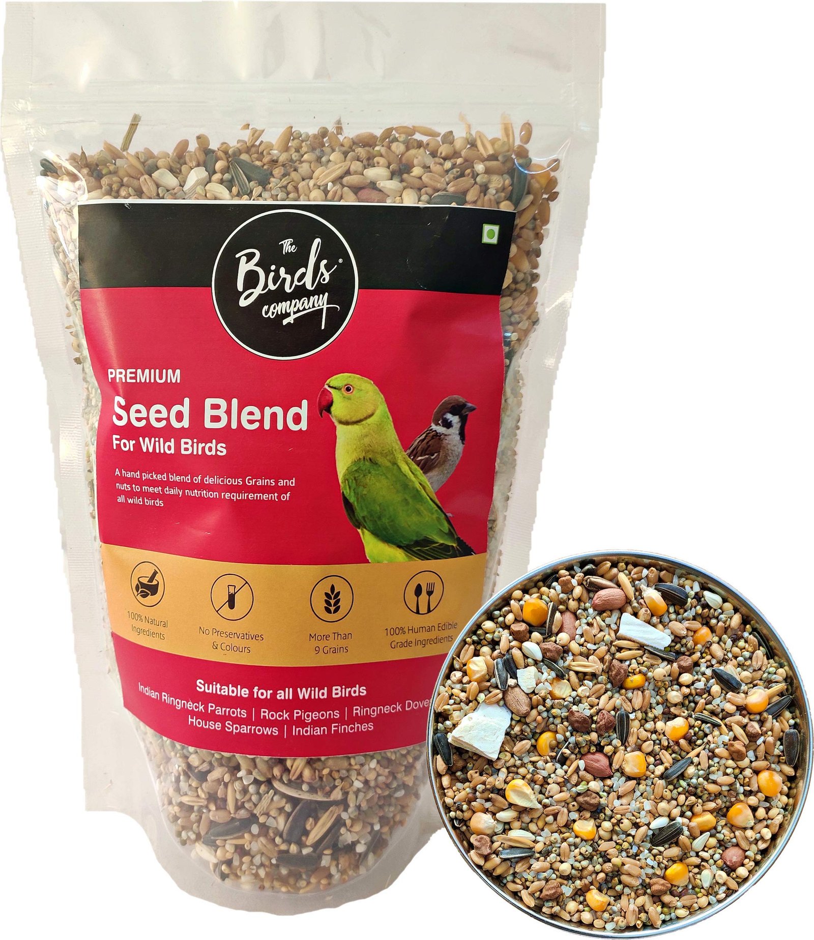 The Birds Company Premium Seed Blend of 9 Grains & Nuts, Bird Feeder Food Refill, Mix Seeds for Outside Wild Birds, Indian Pa