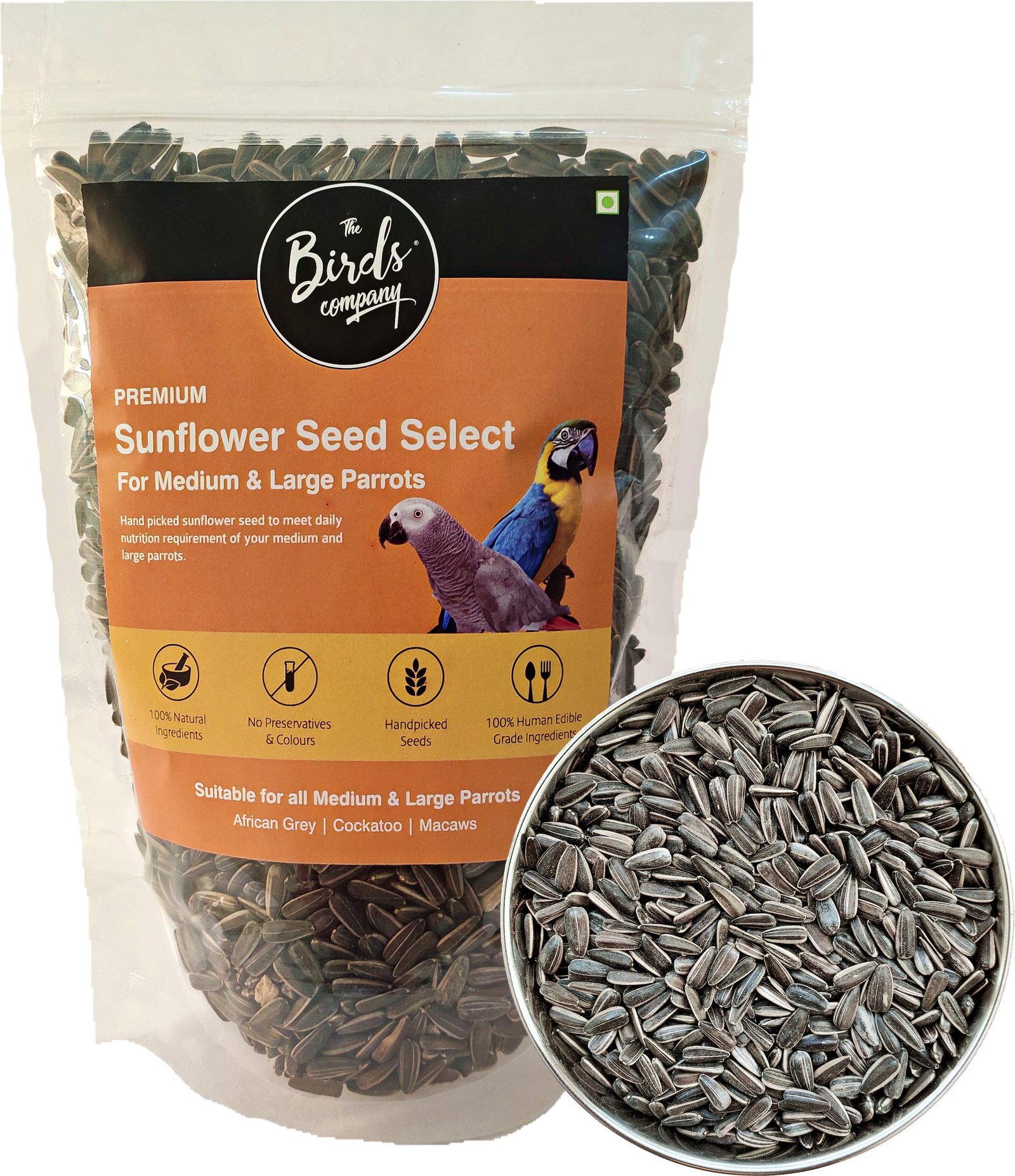 The Birds Company Striped Sunflower Seed with Spirulina, Bird Food for Conures, Lovebirds, Cockatiels, African Grey, Macaws,
