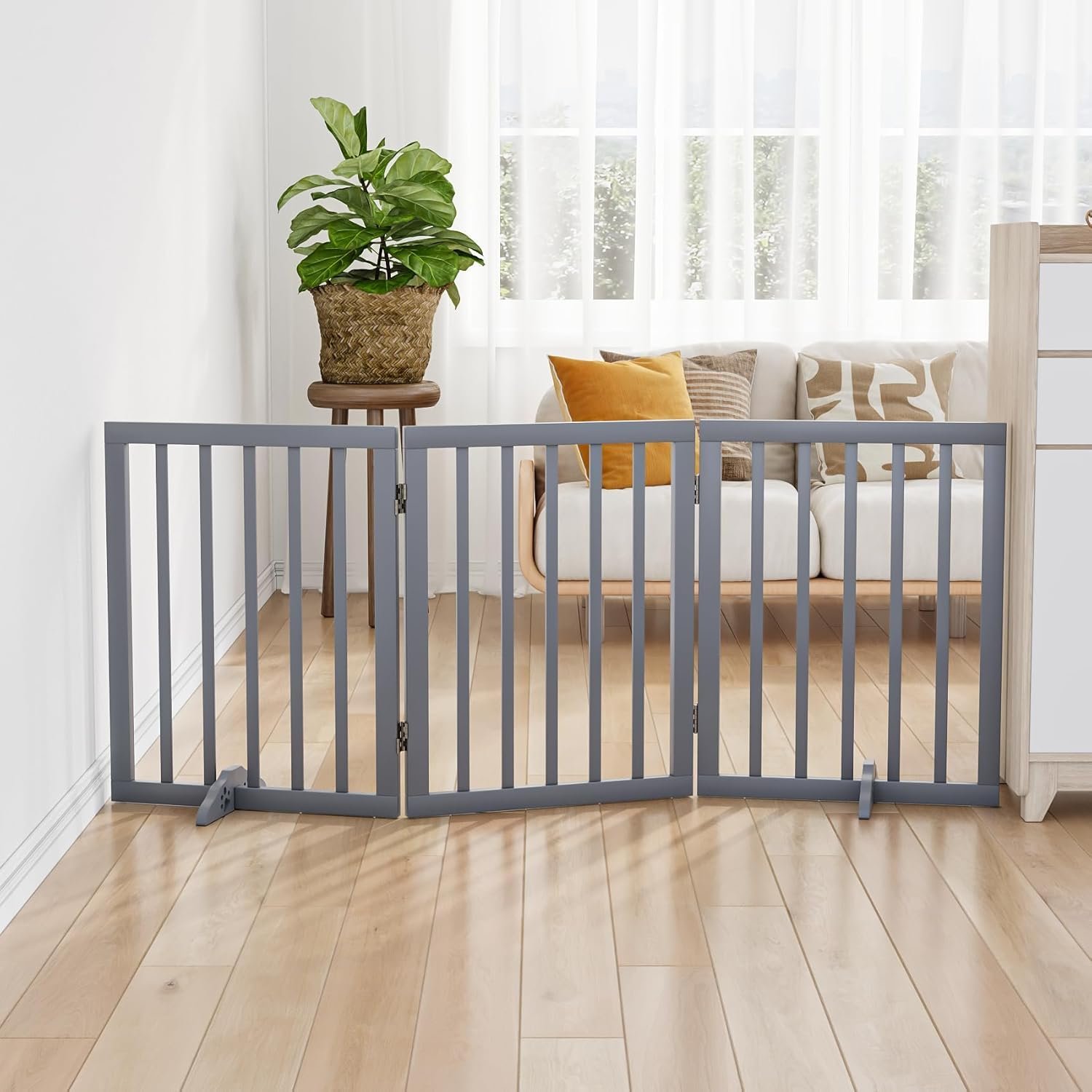 The Menifest | Wooden Freestanding Foldable Pet Gate for Dogs and Kids, Over Fence, Dog Gate Barrier, Dog Partition for Your