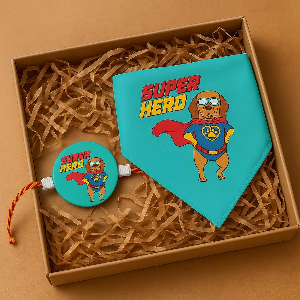 TheYaYaCafe Super Hero Bro Rakhi for Pet Dog with Bandana, Raksha Bandhan Gift Combo for Puppy and Adult Dogs, Rakhi and Band