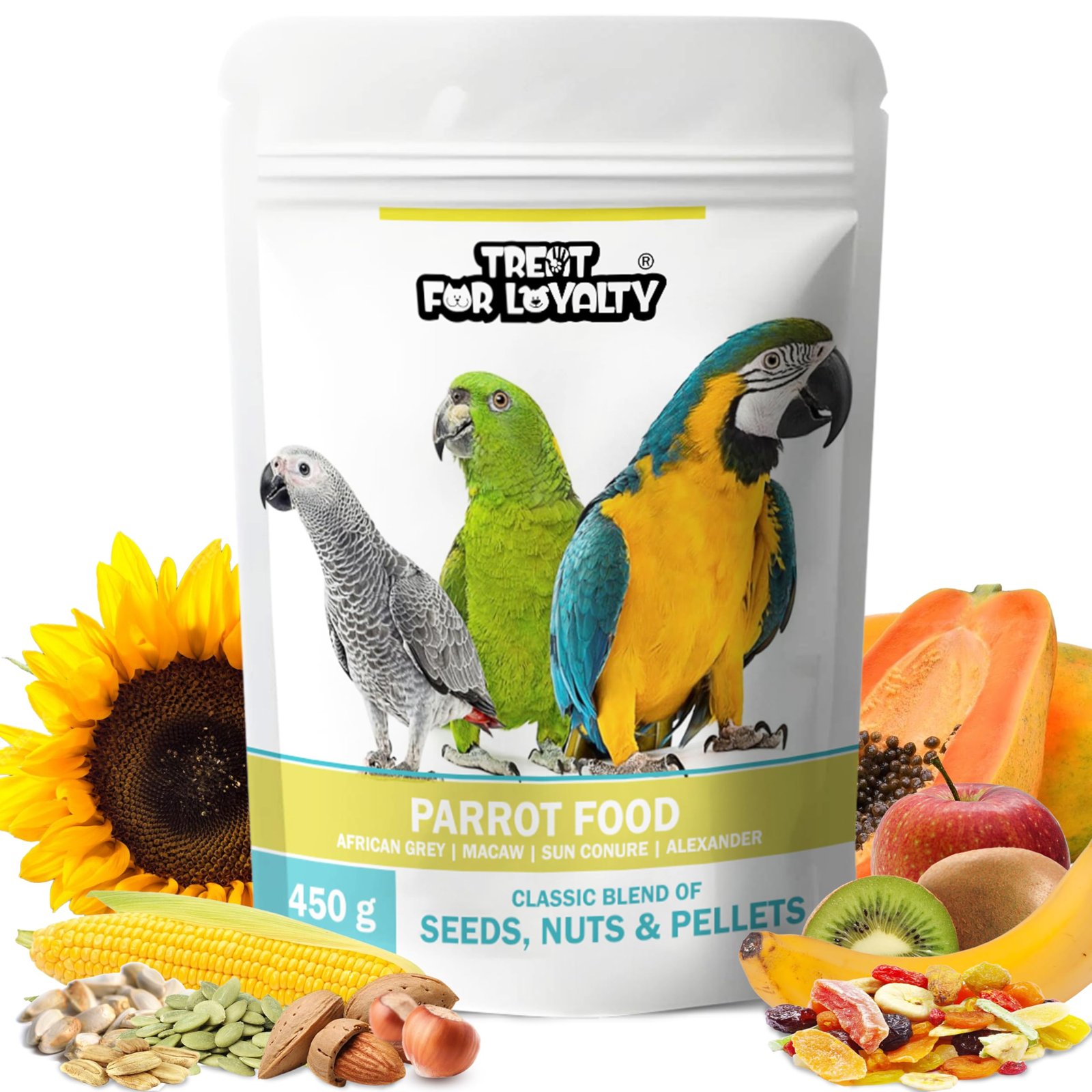 TREAT FOR LOYALTY Parrot Food For African Grey Parrot,Sun Conure,Macaw,Lovebird & Alexander|Seeds,Nuts & Fruit Pellets Mix|Pr