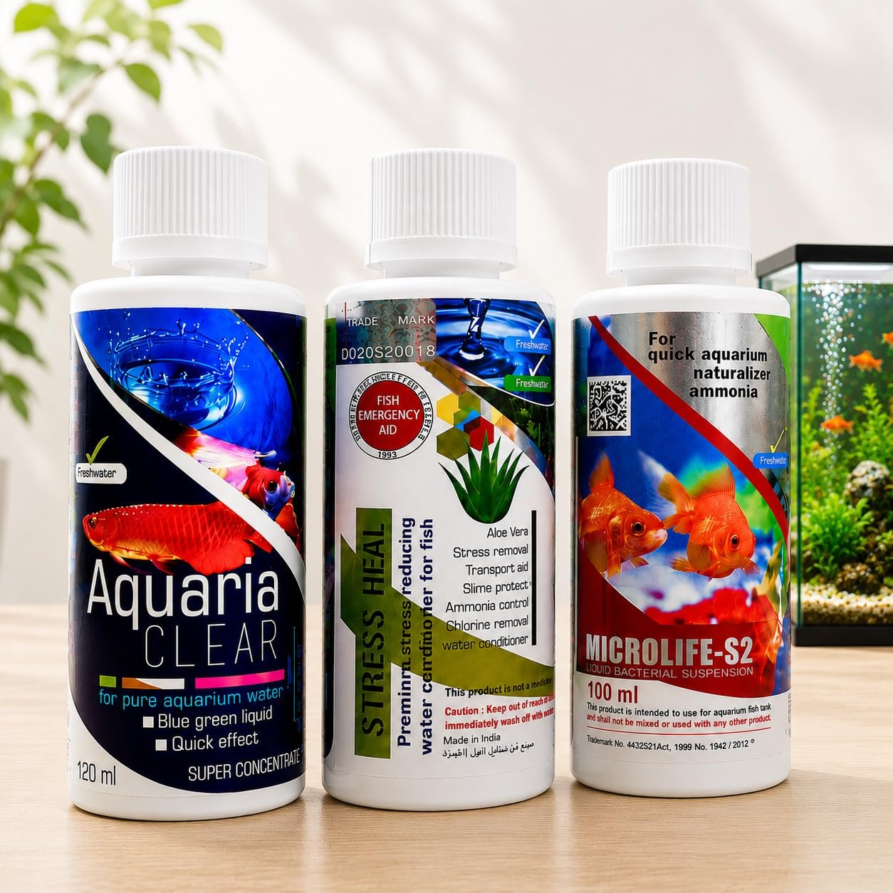 VAYINATO Aquatic Remedies Aquarium Fish Tank Must Have Starter Combo (Stress Heal + Aquaria Clear + Microlife S2) 3 * 100 Ml