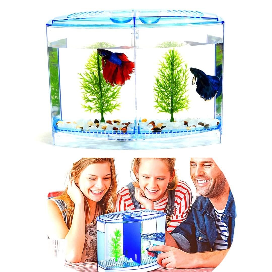 VAYINATO® Betta Fish Tank Home Aquarium, 20cm x 15cm x 9cm - Small Mini Fish Tank with 2 Compartments - Aquaponic Desktop Tan