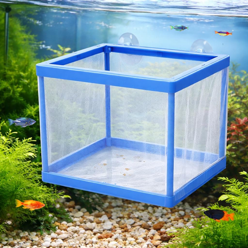 VAYINATO FS-01 Fish Tank Breeder Net Box with Suction Cups | Blue Mesh Fry Saver for Aquarium | Isolation Box for Baby, Injur