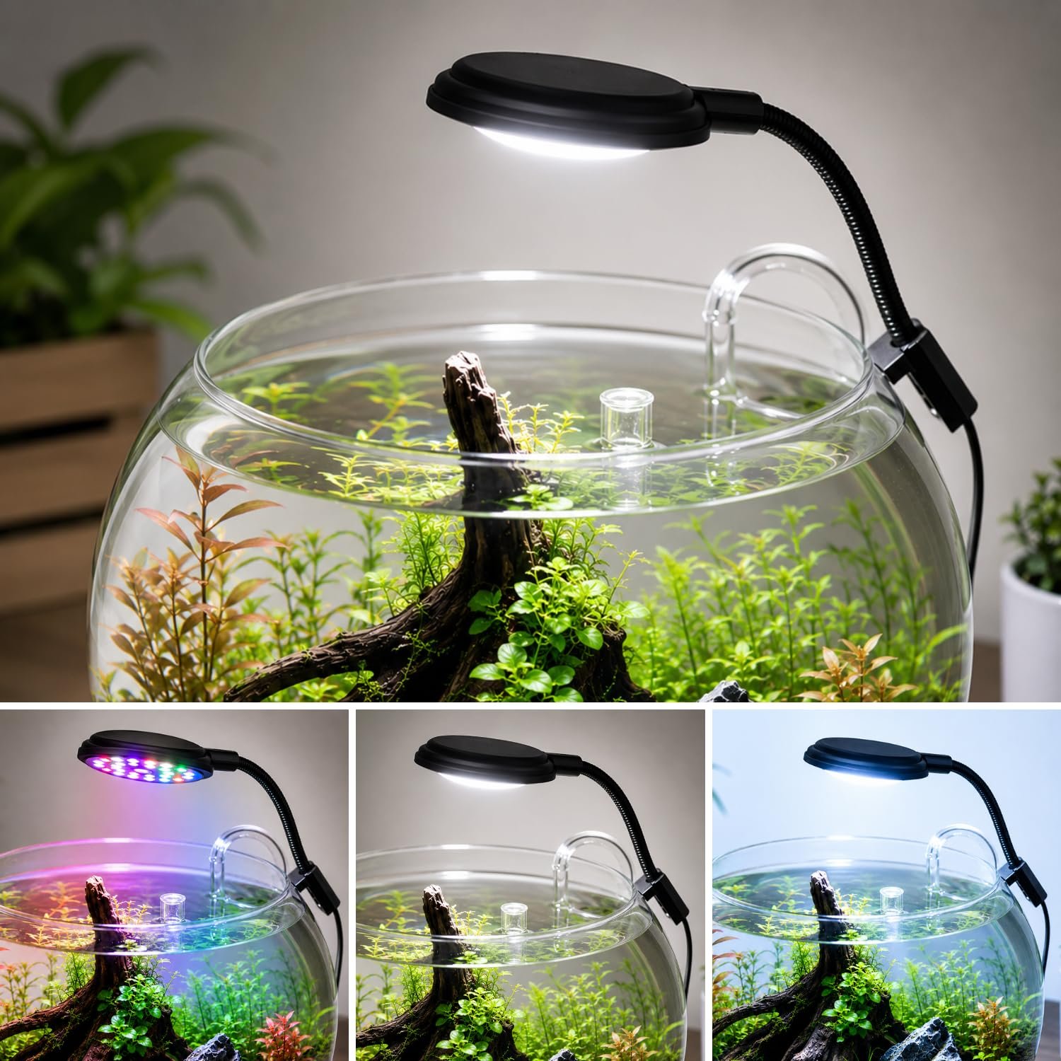 VAYINATO Mini Flexible Aquarium Fish Bowl Light 6W – 3 Lighting Modes, 360° Rotatable Flexible Neck, Adjustable Clip-On LED L
