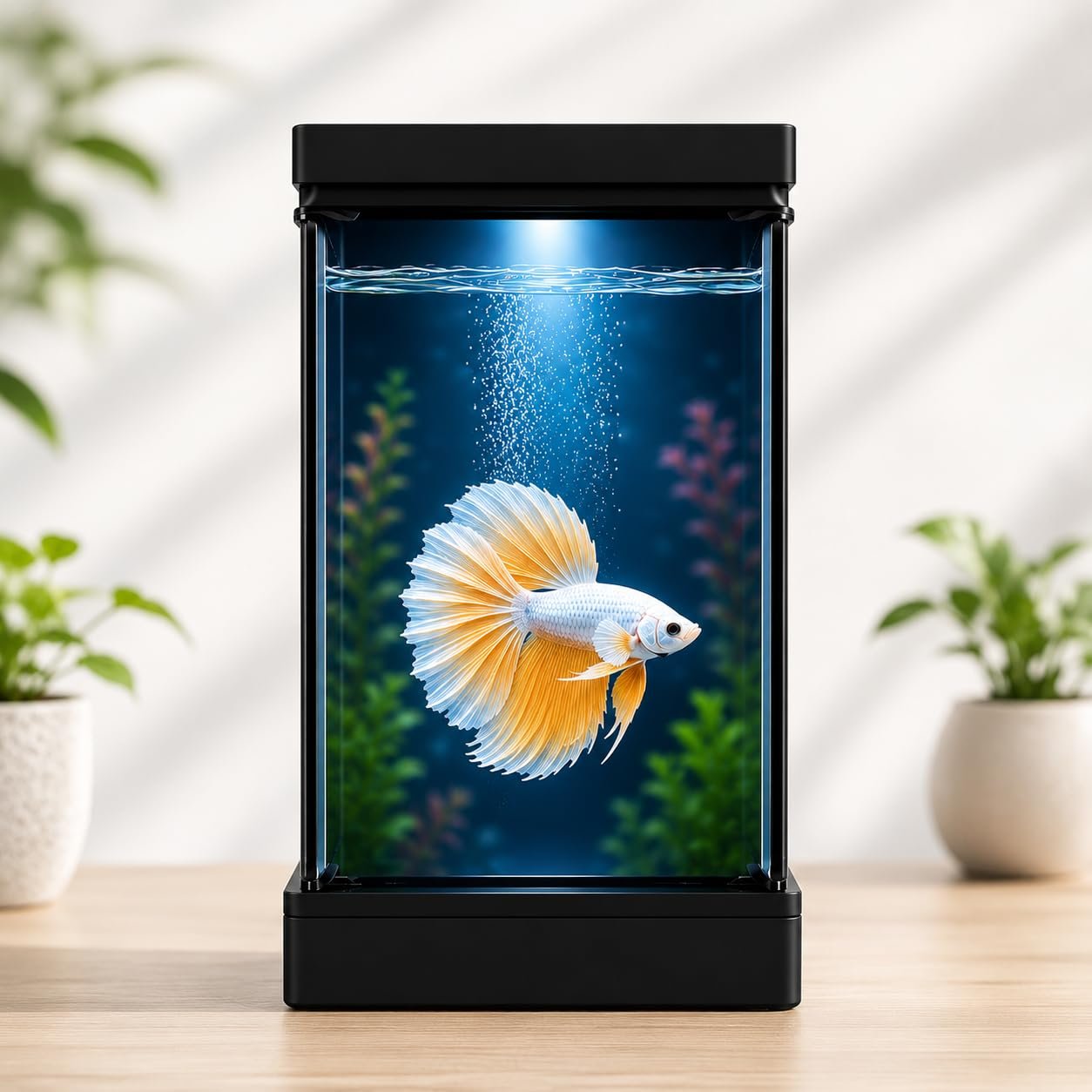 VAYINATO® PS-11 (Black) Transparent Narrow Acrylic Betta Fish Tank with Multi-Color USB LED Light | 1 Liter Mini Aquarium | C