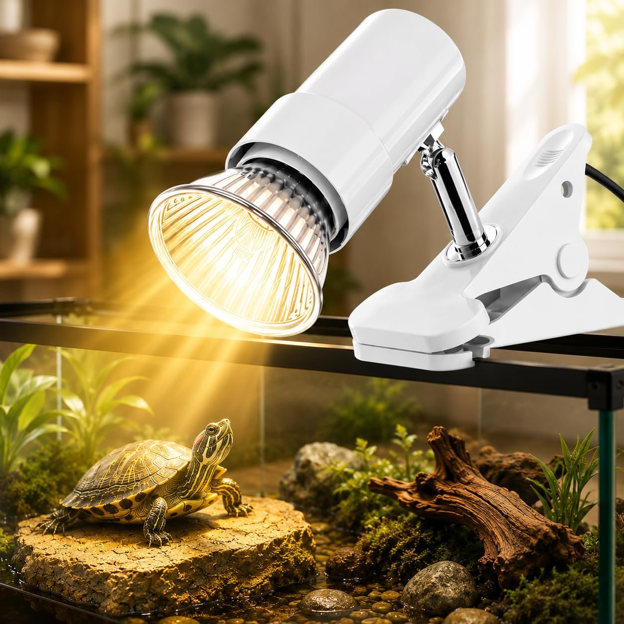 VAYINATO® Short Head (White) Rotatable UVA UVB Reptile Lamp with 50W Basking Bulb | 360° Adjustable Clip-On Light for Turtle,