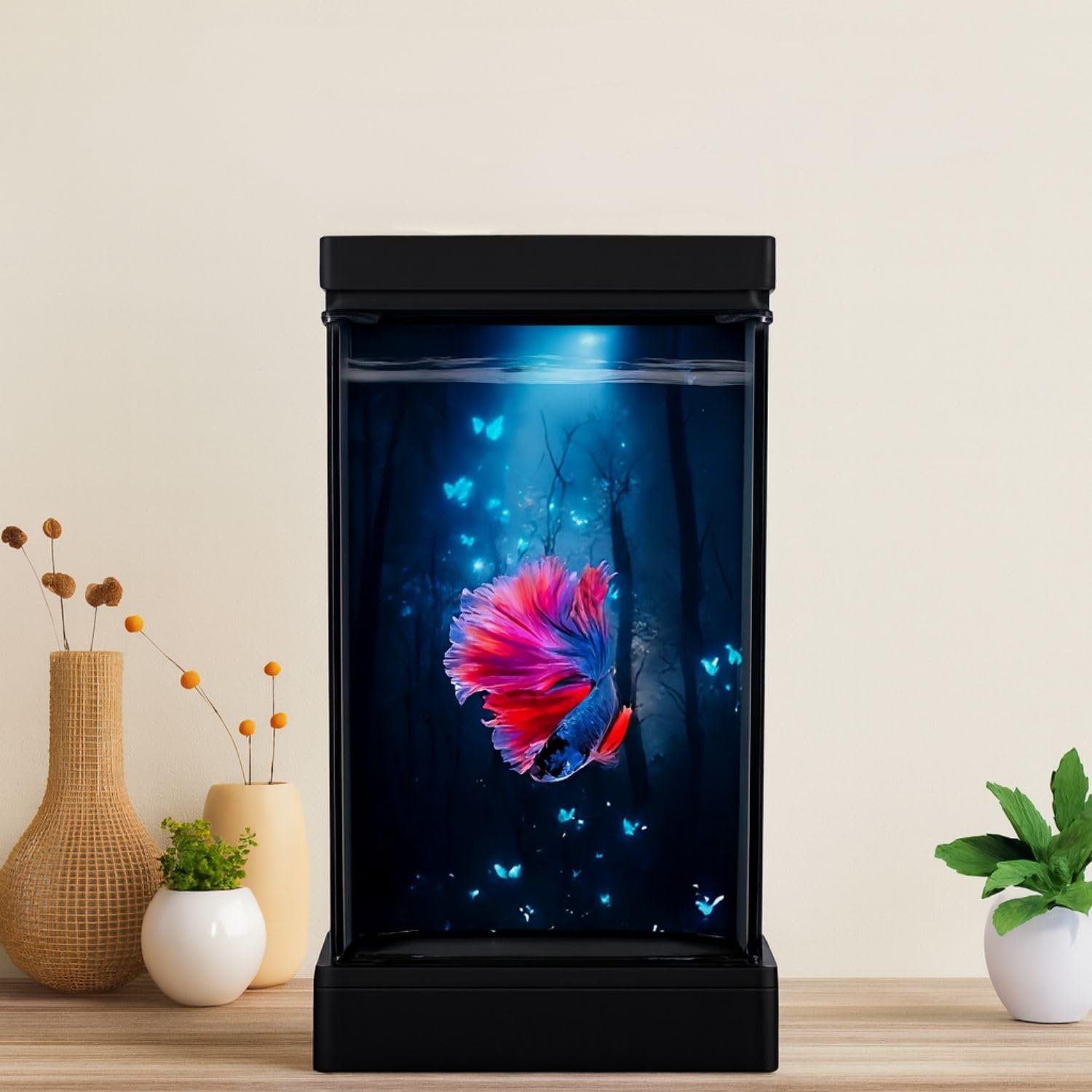 VAYINATO® Transparent Narrow Acyrlic Betta Fish Tank (Black) with Multi Color Changing USB LED Light | Easy to Clean and Main