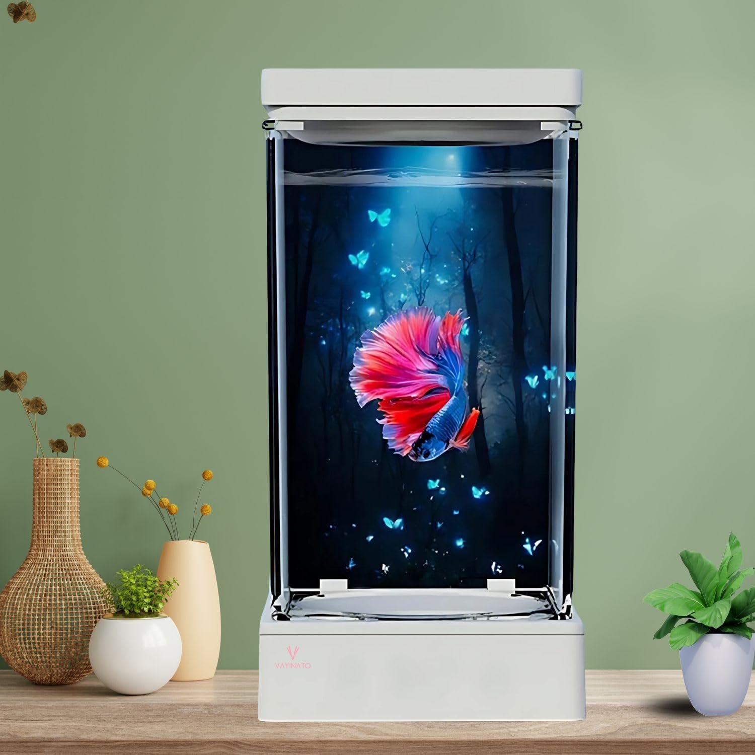 VAYINATO® Transparent Narrow Acyrlic Betta Fish Tank (White) with Multi Color Changing USB LED Light | Easy to Clean and Main
