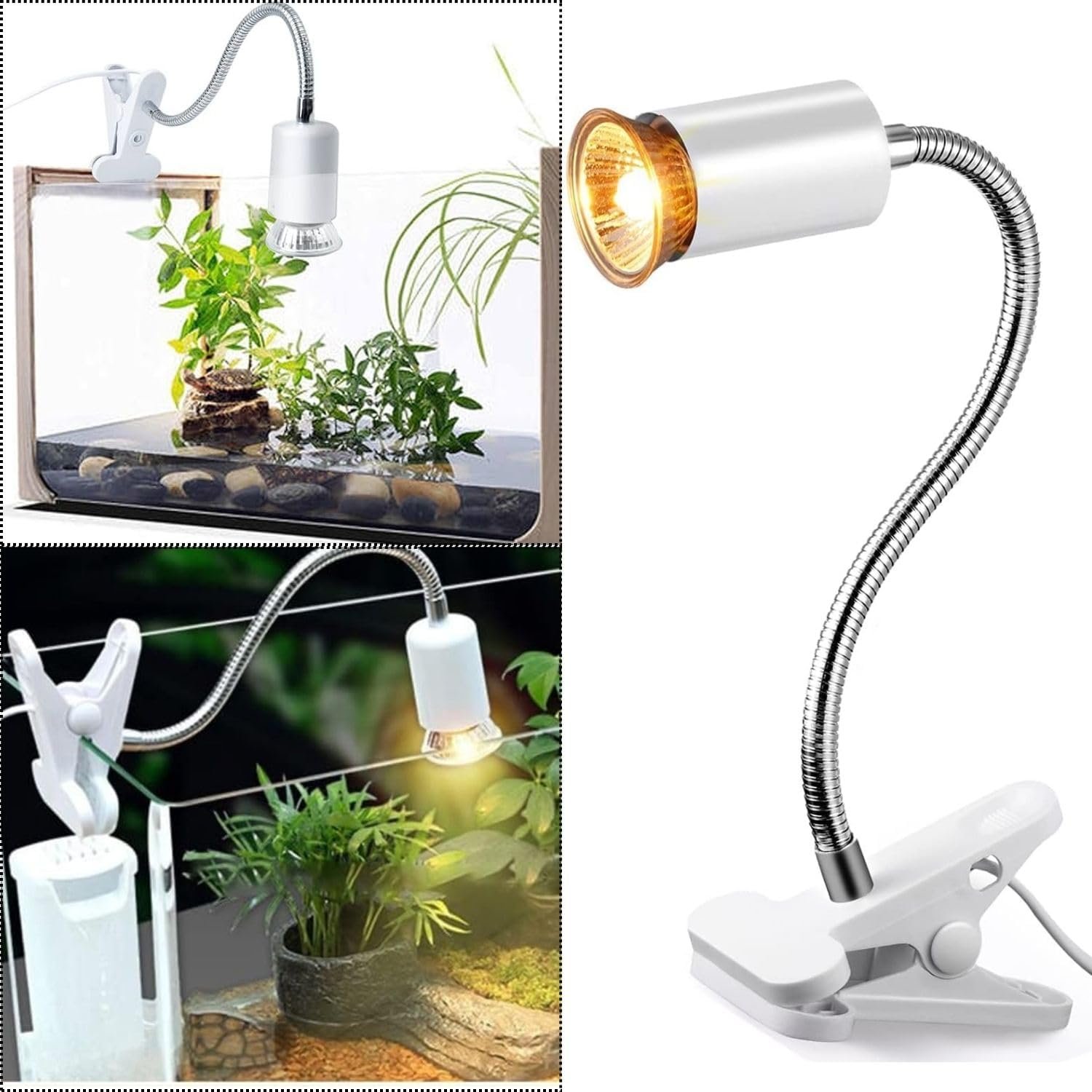 VAYINATO® White Reptile Heat Lamp Turtle Lights with Clip, UVA UVB Bulbs (50W) Aquarium Basking Lamp Adjustable Holder and In