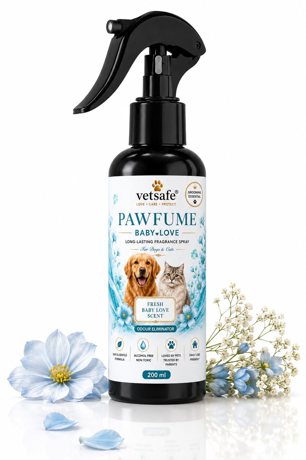 VetSafe® Pawfume Baby Love Pet Perfume 200 ml Spray for Dogs & Cats | Long-Lasting Fresh Fragrance | Deodorizes Pet Odours |