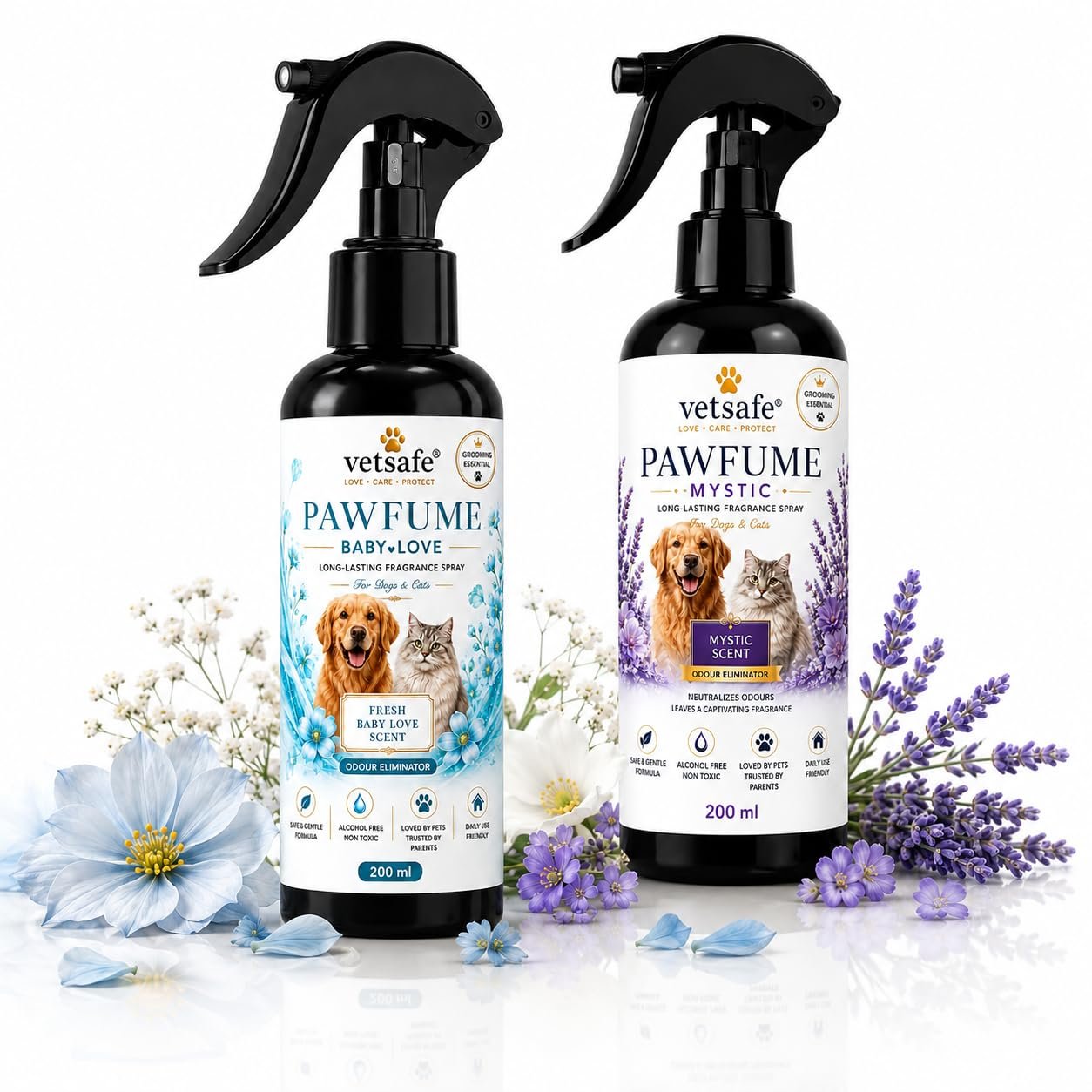 VetSafe Pet Perfume 200 ml (Pack of 2) - Long-Lasting Fragrance Spray for Dogs and Cats, Odour Eliminator, Grooming Essential