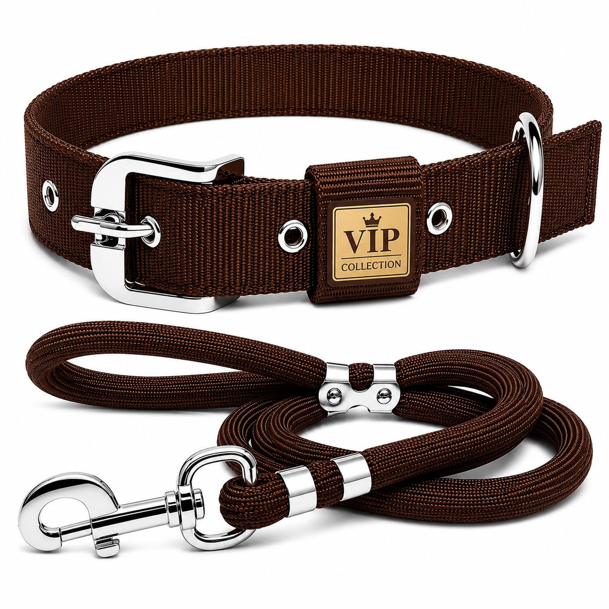 VIP Collection Adjustable Nylon Dog Collar & Rope Leash Set Brown Medium | Adjustable nylon dog collar with 5ft braided rope