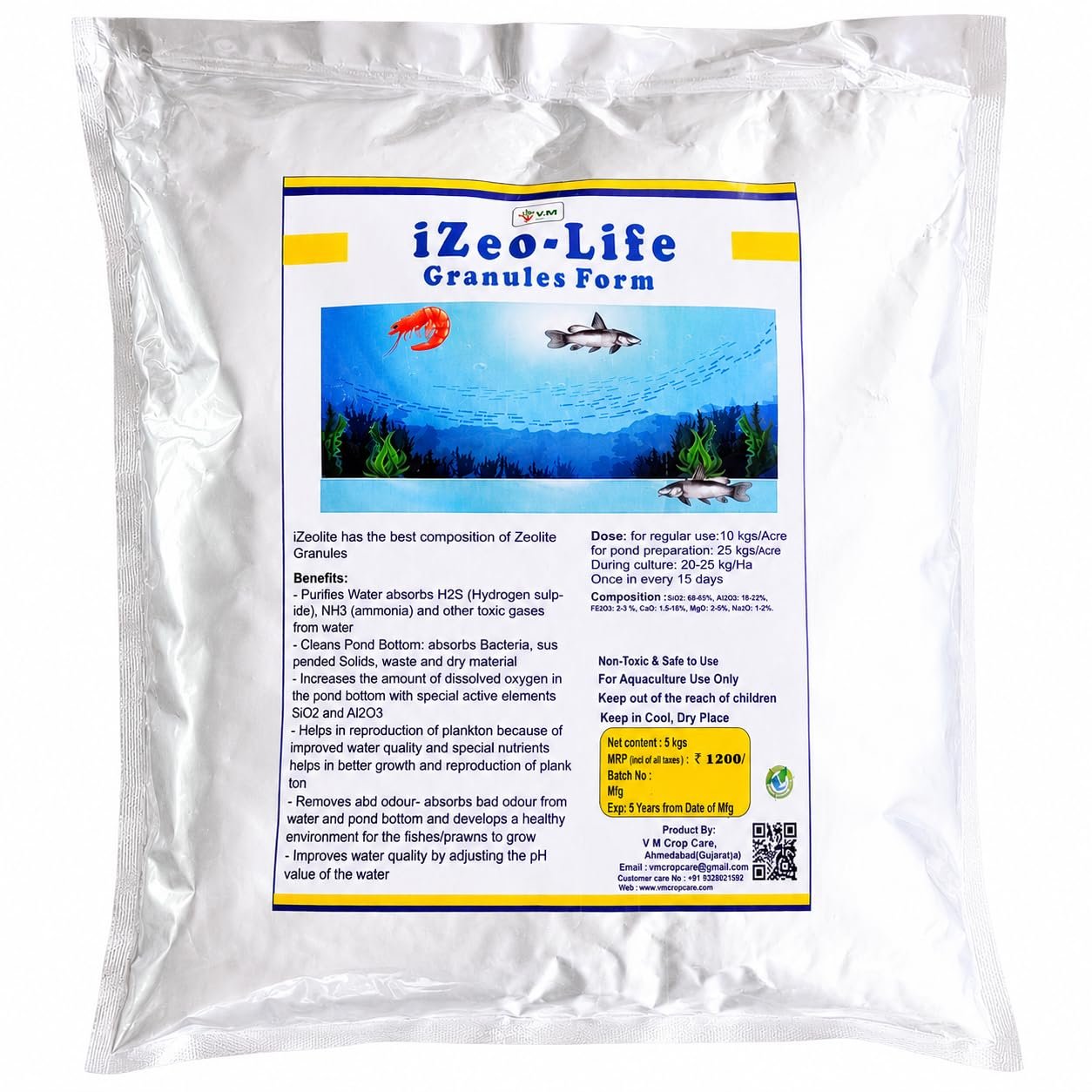 Vmcropcare Zeolite GRANULES for AQUACULTURE 5 kg Pack | Aquaculture & Fish Farming Water Treatment | Water Purifier for Clean
