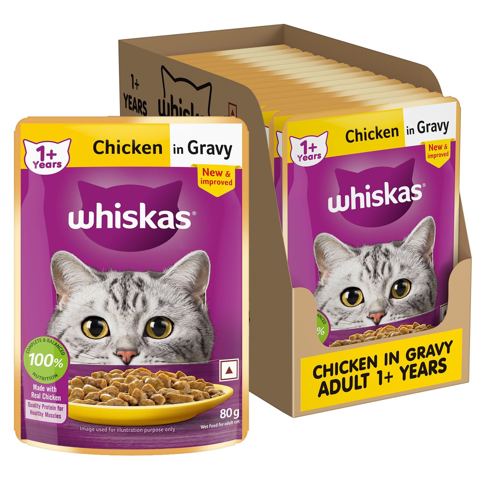 Whiskas Adult (1+ Years) Wet Cat Food, Chicken in Gravy, 80 g (Pack of 14), Hydrating Food Made With Real Chicken, 100% Compl
