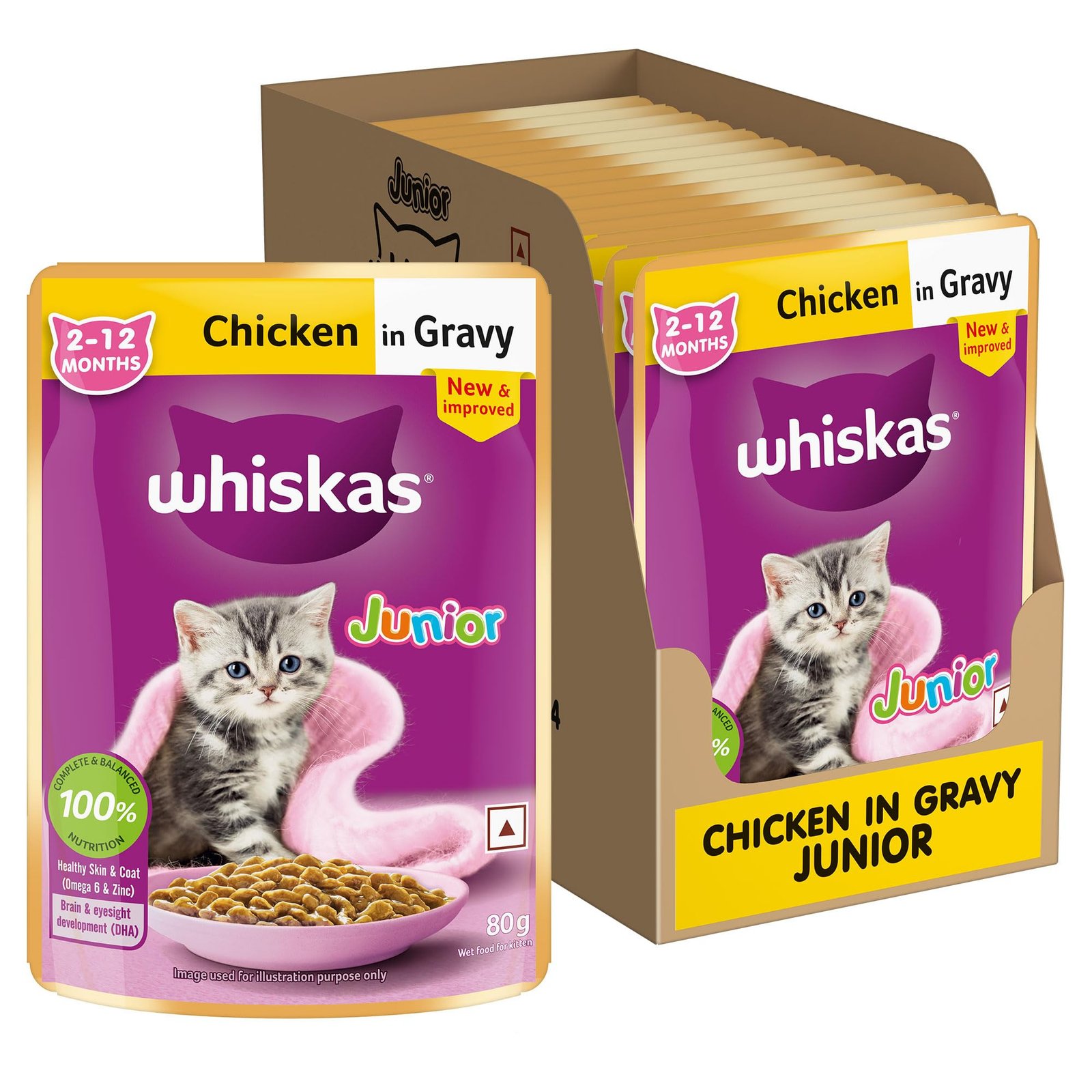 Whiskas Junior Kitten (2-12 Months) Wet Cat Food, Chicken in Gravy, 80 g (Pack of 14), Hydrating Food Made With Real Chicken,