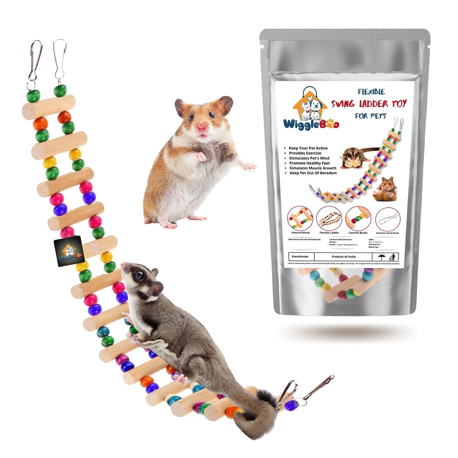 WiggleBoo Pet Flexible Ladder Cage Toy | for Small Animal - Sugar Glider, Hamster, Squirrel, Chinchilla, Rat | Playing, Climb