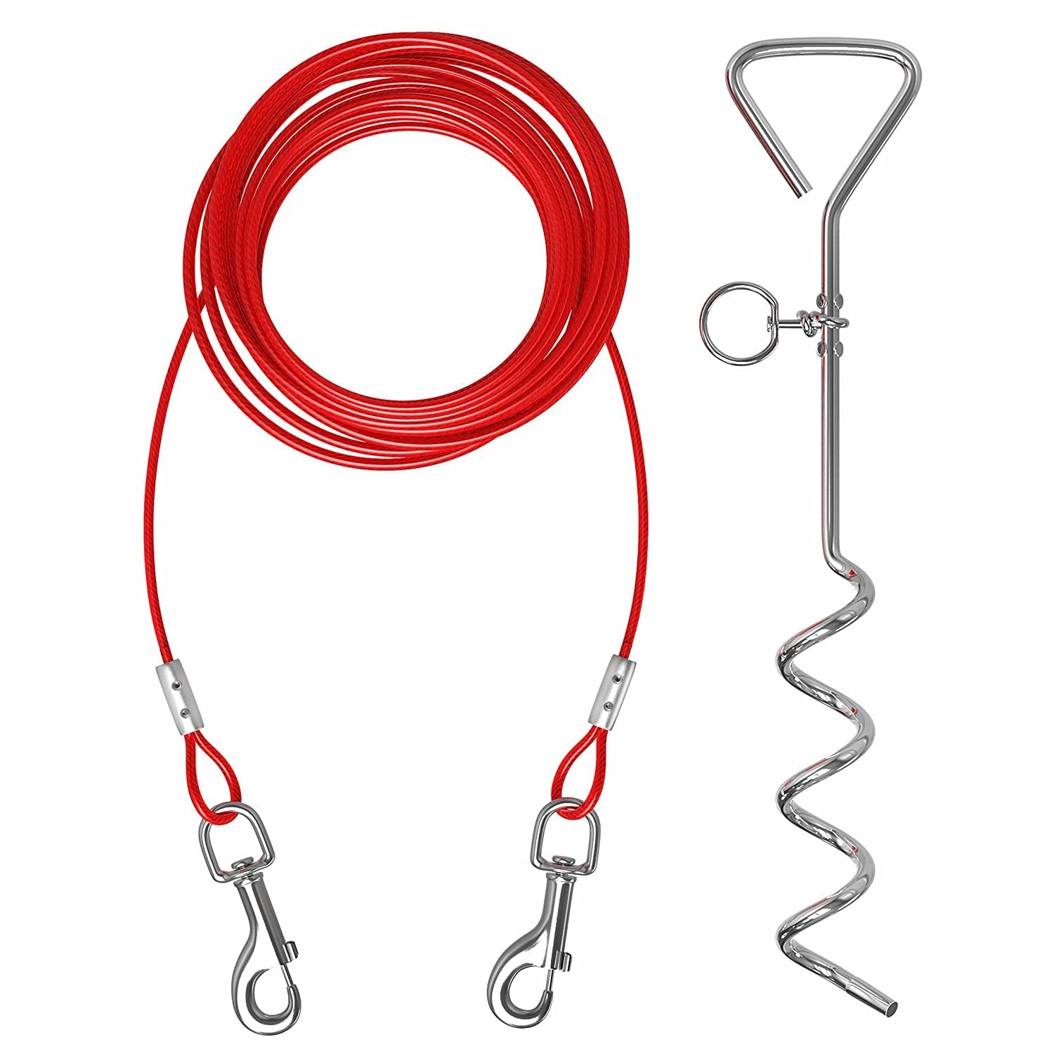 Woofy Heavy Duty Dog Tie-Out Cable with Spiral Ground Stake, Anti-Rust Outdoor Leash System for Yard, Camping & Training, Sec