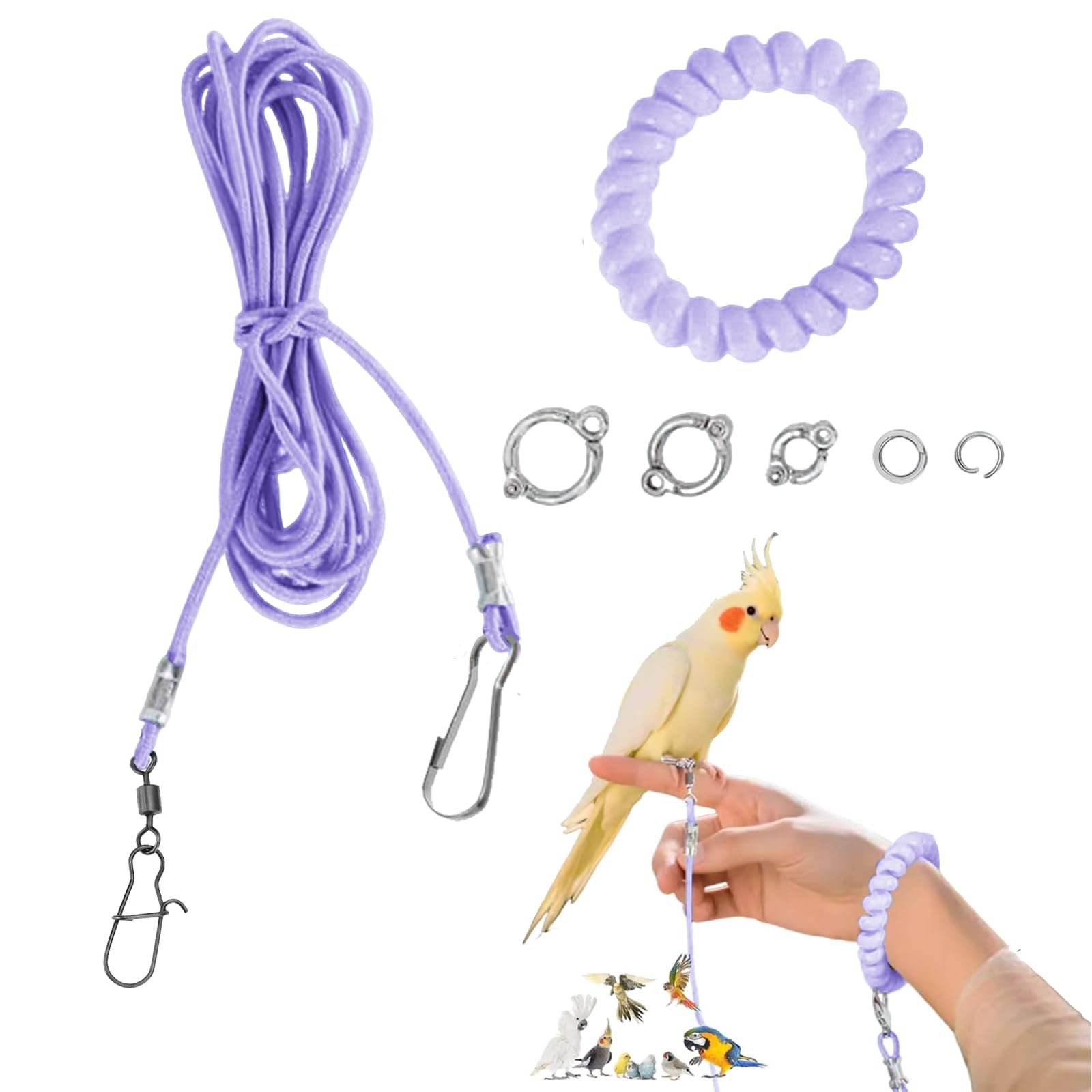 YUISI 600cm Bird Harness, Parrot Toy, with 3 Different Size Foot Ring, with Anti Lost Bracelet, Mini Lightweight Outdoor Bird