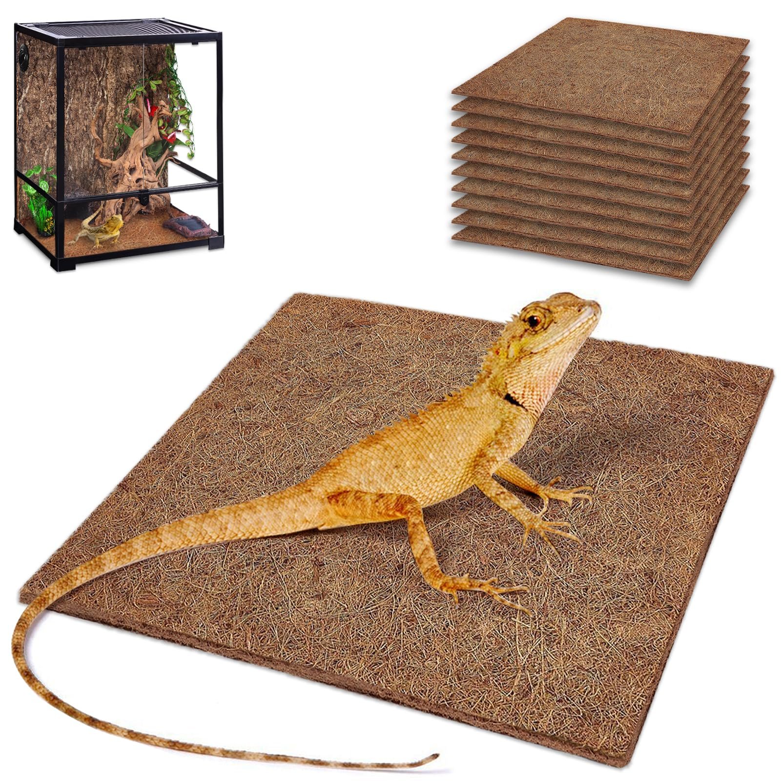 ZeeDix 10 Pieces Reptile Carpet- 12 x 12 inches Natural Coconut Fiber Pet Mat Tortoise Carpet Mat Coco Fiber Substrate Liner