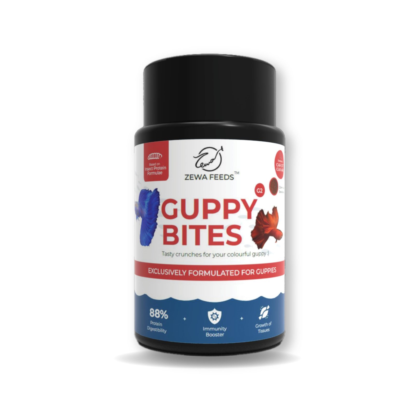 Zewa Feeds Guppy Bites 45g | High Protein Fish Food for Guppy & Small Fish | Micro Pellets 0.3–0.6 mm | 88% Digestibility | R