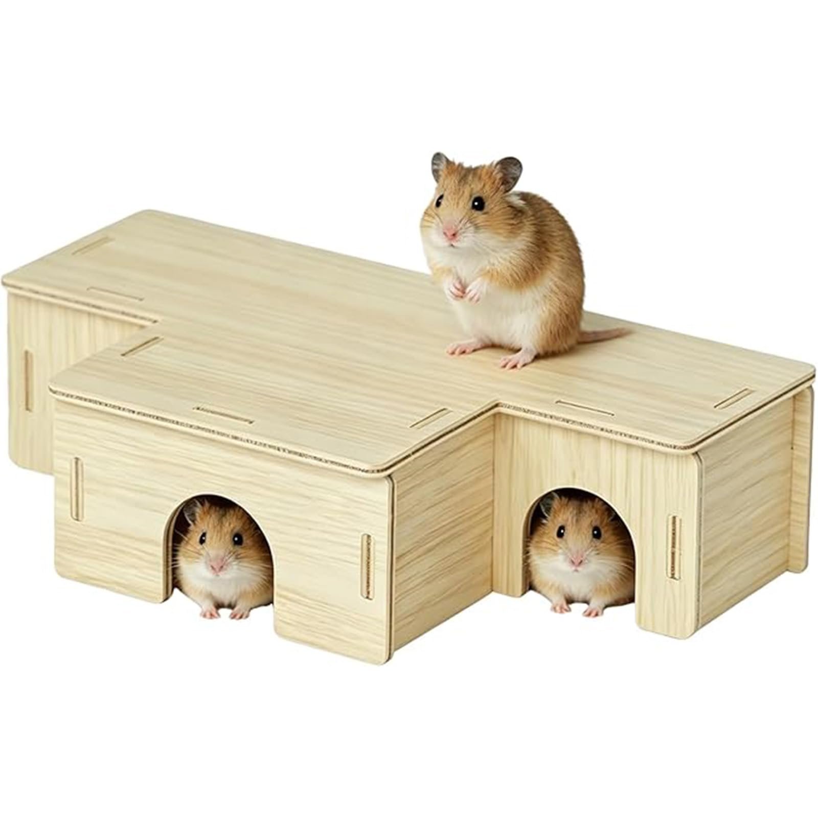 ZippyLiva Hamster House, Hamster Cage for 2 Hamsters, Three Chamber Wooden Habitat with Hideout Rooms, Small Animal Accessori
